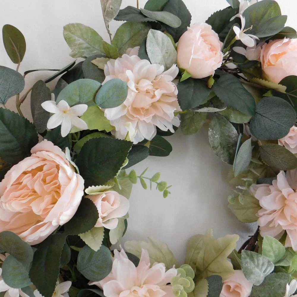 Handmade Cabbage Roses Wreath for Front Door Spring and Summer Housewarming Gift